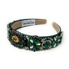 Load image into Gallery viewer, headband for women, fall headband, green baroque headband, fall winter headband, green embellished headband, bridal headband, bridal accessories, brown luxurious hairband, luxurious hair band, unique embellished headband, unique headband, statement headband, custom bridal headband, green color accessories, embellished headband, gemstone headband, luxury headband, green bejeweled headband, bling headband, baroque embellished headband, custom headband, jeweled baroque headband, evening hair accessory

