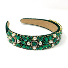 Load image into Gallery viewer, headband for women, green headband, green baroque headband, emerald color headband, green bejeweled headband, bridal headband, bridal accessories, green luxurious hairband, luxurious hair band, unique embellished headband, unique headband, statement headband, custom bridal headband, green color hair accessories, embellished headband, gemstone headband, luxury headband, green jeweled headband, bling headband, baroque embellished headband, custom headband, jeweled baroque headband, evening hair accessory

