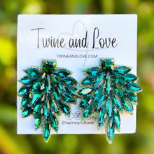 Load image into Gallery viewer, custom beaded Earrings, Unique jeweled Earrings, green Beaded Earrings, boho earrings, green jeweled earrings, handmade earrings, custom earrings, party accessories, fancy accessories, green embellished earrings, custom earrings, best friend gifts, birthday gifts, bohemian earrings, luxurious handmade accessories, night jewelry, Fancy earrings, boho earrings, beaded earrings, Fancy jeweled earrings, emerald color earrings, best selling items, statement earrings, handmade gifts, custom gifts
