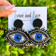 Load image into Gallery viewer, custom beaded Earrings, jeweled Earrings, evil eye Beaded Earrings, evil eye earrings, evil eye jeweled earrings, handmade earrings, custom earrings, resort accessories, fancy accessories, Turkish eye embellished earrings, custom earrings, best friend gifts, birthday gifts, bohemian earrings, luxurious handmade accessories, party earrings, Fancy earrings, boho earrings, beaded earrings, pink embellished earrings, Fancy jeweled earrings, statement earrings, best selling items, statement earrings