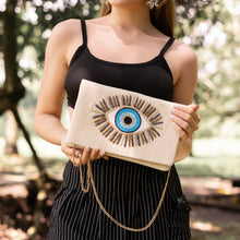 Load image into Gallery viewer, Evil Eye Beaded Clutch, Beige Bead Clutch Bag, ivory Beaded Clutch Purse, Wedding Clutch Bag, Party Clutch Purse, Evening Beaded Clutch, evening clutch, evening clutches, party purse, beaded clutch purse, engagement gift, cross body purse, crossbody handbag, best friend gifts, best selling items, tan beaded purse, neutral color clutch purse, turkey eye bead clutch, evening purses, wedding clutches, party clutch purse, handmade gift, fancy evening clutches, elegant evening clutches, turkey eye accessories