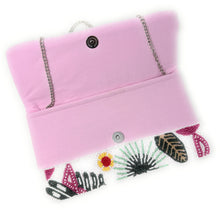 Load image into Gallery viewer, Tropical beaded clutch purse decorated with vibrant flamingos, green palm leaves, and colorful flowers.