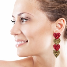 Load image into Gallery viewer,  hearts Beaded Earrings, red Heart Earrings, Valentines Day Earrings, Valentines Beaded Earrings, Seed Bead, Valentines Heart earrings, red gold earrings, valentine’s day beaded earrings, hearts beaded earrings, valentines beaded earrings, Hearts earrings, Valentine’s day earrings, holiday gifts, tween girls accessories, Valentine’s day accessories, Best friend gifts, Best selling items, love accessories, boho earrings, custom earrings, unique earrings, unique gifts, handmade gifts, gold red heart earrings