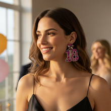 Load image into Gallery viewer, Pink “18” statement earrings with colorful rhinestones and jeweled starburst accents.