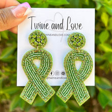 Load image into Gallery viewer, Green ribbon statement earrings featuring intricate beadwork, sparkling crystals, and a bold awareness ribbon design.