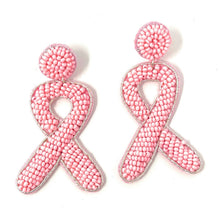 Load image into Gallery viewer, Handmade pink ribbon dangle earrings adorned with delicate seed beads, symbolizing hope, strength, and support.
