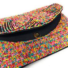 Load image into Gallery viewer, Eye-catching beaded envelope purse with intricate floral embroidery and colorful tribal-inspired geometric accents.
