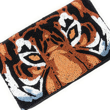 Load image into Gallery viewer, Eye-catching beaded clutch with a majestic tiger illustration, combining black, orange, white, and blue bead details.
