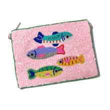 Load image into Gallery viewer, Pink ocean-themed beaded clutch with colorful fish embellishments and all-over sequins for a bold summer accessory look.