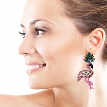 Load image into Gallery viewer, custom beaded Earrings, flamingo jeweled Earrings, flamingo Beaded Earrings, flamingo earrings, jeweled earrings, handmade earrings, custom earrings, bejeweled accessories, tropical jewelry accessories, embellished earrings, custom earrings, best friend gifts, birthday gifts, bohemian earrings, luxurious handmade accessories, party earrings, Fancy earrings, boho earrings, rhinestone earrings, embellished earrings, Fancy jeweled earrings, party earrings, statement earrings, best selling items