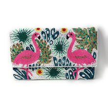 Load image into Gallery viewer, A rectangular clutch bag with a white base covered in colorful beaded tropical and flamingo patterns, shown on a plain white background.