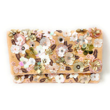 Load image into Gallery viewer, Elegant floral clutch bag adorned with intricate flower embellishments.