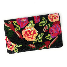 Load image into Gallery viewer, Elegant black envelope clutch adorned with vibrant 3D floral sequins and intricate handcrafted beadwork.