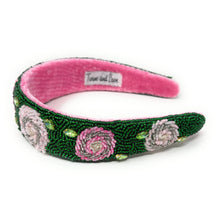 Load image into Gallery viewer, Handmade beaded rose headband featuring layered pink blooms, sparkling gemstones, and intricate botanical embroidery for a romantic feminine style.
