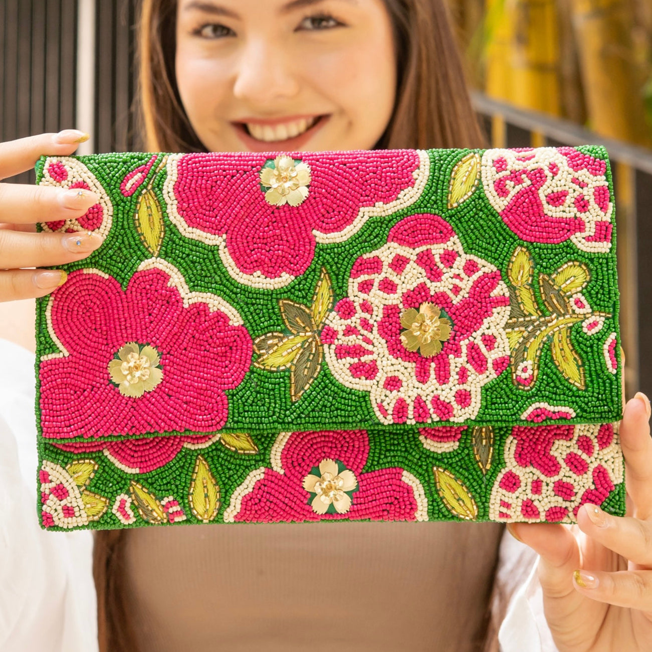 Twine and Love Hand Beaded Floral Clutch Seed Bead Clutch Bag