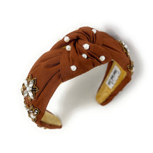 Load image into Gallery viewer, Brown headband adorned with pearl and crystal floral embroidery, exuding elegance. The interior is lined with soft beige fabric for comfort.