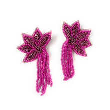 Load image into Gallery viewer, custom beaded Earrings, fuchsia floral jeweled Earrings, fuchsia Beaded Earrings, boho earrings, fuchsia jeweled earrings, handmade earrings, custom earrings, party accessories, fancy accessories, fuchsia floral embellished earrings, custom earrings, best friend gifts, birthday gifts, bohemian earrings, luxurious handmade accessories, night jewelry, Fancy earrings, boho earrings, beaded earrings, Fancy jeweled earrings, statement earrings, best selling items, statement earrings, handmade gifts, custom gifts