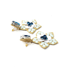 Load image into Gallery viewer, Pair of floral earrings with blue gemstones on a white background