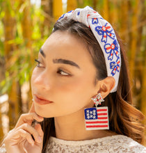 Load image into Gallery viewer, headband for women, Patriotic Knot headband, USA Flag headbands, Patriotic knotted headband, summer top knot headband, USA Bow top knot headband, USA flag bow knotted headband, USA Patriotic hair band, USA party, beaded USA knot headband, statement headbands, top knotted headband, knotted headband, Fourth of July gifts,  embellished headband, gemstone knot headband, luxury headband, embellished knot headband, jeweled knot headband, Fourth of July headbands, 4th of July headband
