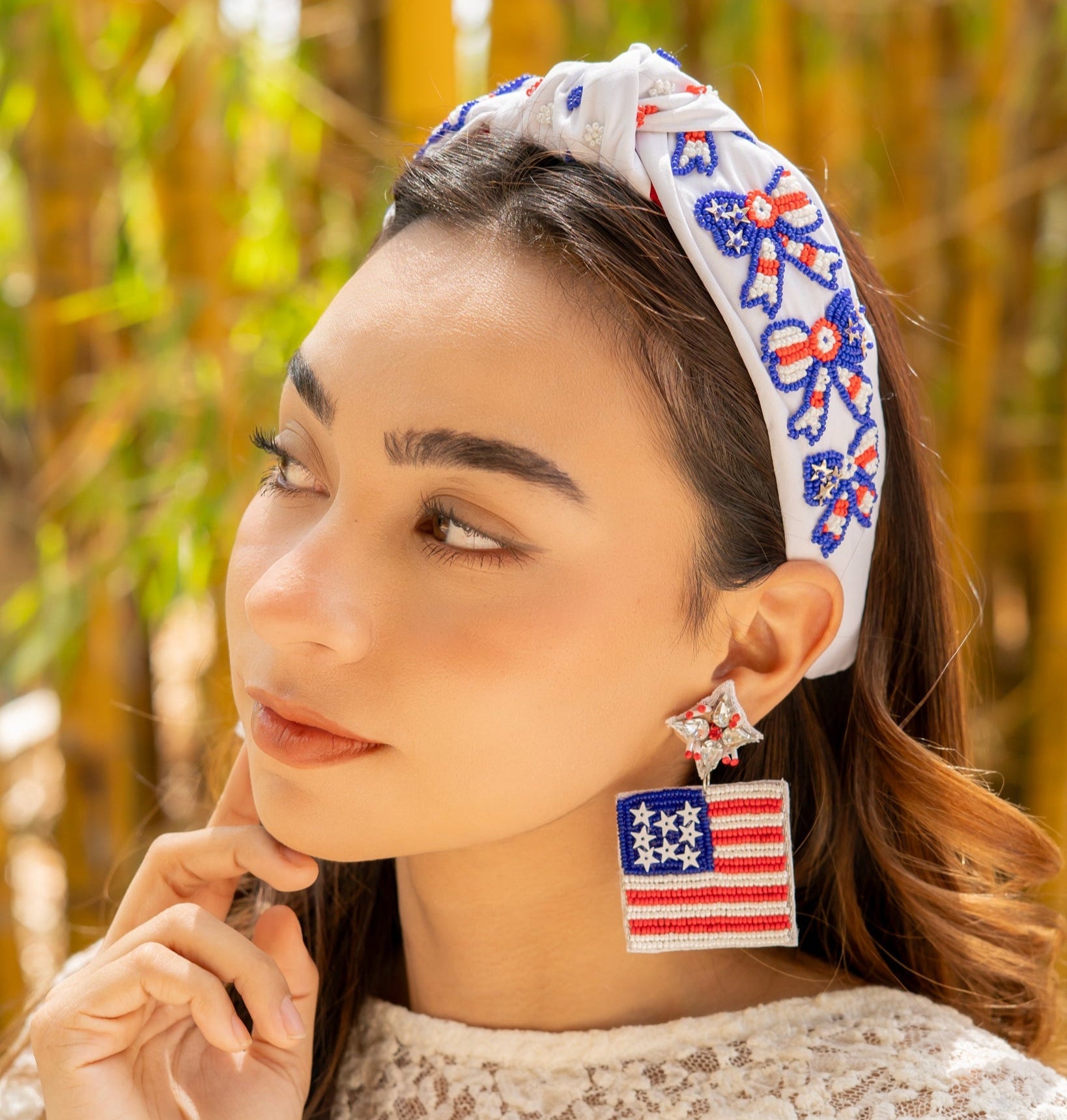 NEW Red White Blue Embellished Hand Beaded American Flag Headband Amazon.com : NVENF Rhinestone Pearl Jeweled 4th of July  main image 4