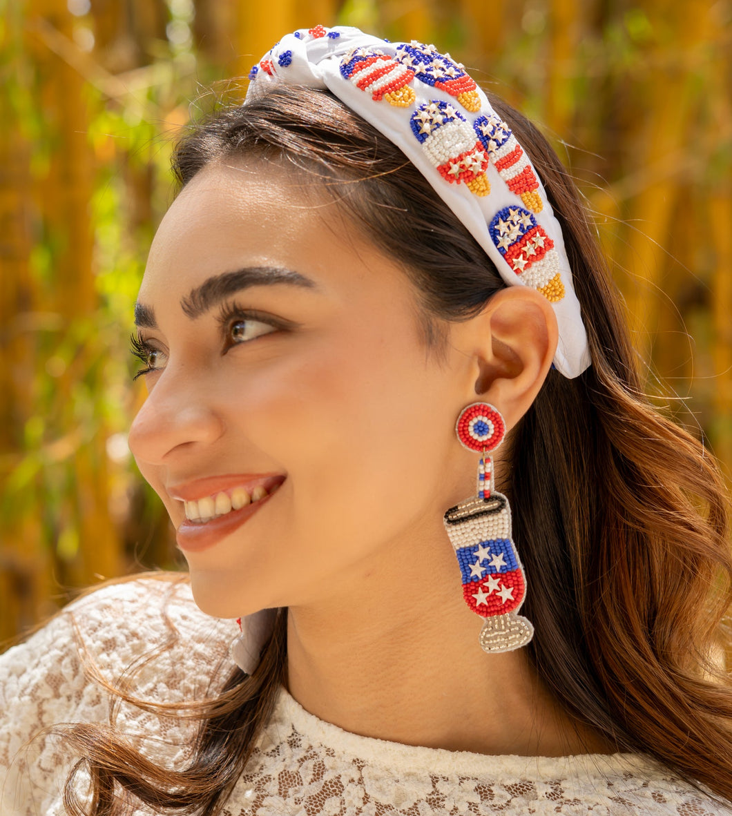 headband for women, Patriotic Knot headband, USA Flag headbands, Patriotic knotted headband, summer top knot headband, USA stars top knot headband, USA flag bow knotted headband, USA Patriotic hair band, USA party, beaded USA knot headband, statement headbands, top knotted headband, knotted headband, Fourth of July gifts,  embellished headband, gemstone knot headband, luxury headband, embellished knot headband, jeweled knot headband, Fourth of July headbands, 4th of July headband