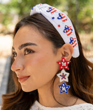 Load image into Gallery viewer, headband for women, Patriotic Knot headband, USA Flag headbands, Patriotic knotted headband, summer top knot headband, USA stars top knot headband, USA flag bow knotted headband, USA Patriotic hair band, USA party, beaded USA knot headband, statement headbands, top knotted headband, knotted headband, Fourth of July gifts,  embellished headband, gemstone knot headband, luxury headband, embellished knot headband, jeweled knot headband, Fourth of July headbands, 4th of July headband
