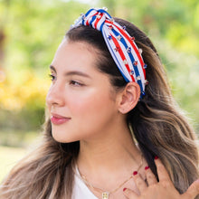 Load image into Gallery viewer, Americana Jeweled Headband, Patriotic Knotted Headband, Star Knotted Headband, Americana Hair Accessories, Red White Headband, Best Seller, headbands for women, best selling items, knotted headband, hairbands for women, hair accessories, Independence day gifts, Independence day Headband, Memorial day hair accessories, American headband, USA flag headband, Fourth of July headband, Fourth of July gifts, red white headband, star knot headband, Jeweled headband, USA Jeweled headband, USA Headband