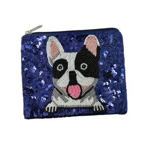 Blue sequin purse with a beaded French bulldog design. The dog has a playful expression and a light pink tongue, adding a fun, cheerful tone.