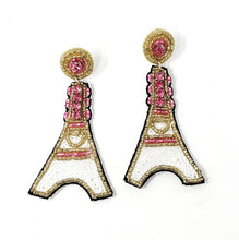 Load image into Gallery viewer, White and pink Eiffel Tower statement earrings with gold accents