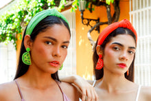 Load image into Gallery viewer, Summer fashion look featuring handmade citrus earrings and bold headbands