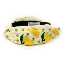 Load image into Gallery viewer, Handmade lemon embellished headband featuring tropical citrus embroidery and a stylish knotted silhouette.