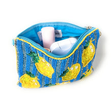 Load image into Gallery viewer, Vibrant lemon beaded zip pouch with colorful striped beadwork, yellow citrus motifs, and handcrafted sequin embroidery.