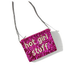 Load image into Gallery viewer, Statement sequin zip pouch in vibrant pink with “hot girl stuff” beaded across the front, ideal for beauty products and small essentials.