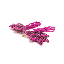 Load image into Gallery viewer, custom beaded Earrings, fuchsia floral jeweled Earrings, fuchsia Beaded Earrings, boho earrings, fuchsia jeweled earrings, handmade earrings, custom earrings, party accessories, fancy accessories, fuchsia floral embellished earrings, custom earrings, best friend gifts, birthday gifts, bohemian earrings, luxurious handmade accessories, night jewelry, Fancy earrings, boho earrings, beaded earrings, Fancy jeweled earrings, statement earrings, best selling items, statement earrings, handmade gifts, custom gifts