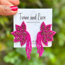 Load image into Gallery viewer, custom beaded Earrings, fuchsia floral jeweled Earrings, fuchsia Beaded Earrings, boho earrings, fuchsia jeweled earrings, handmade earrings, custom earrings, party accessories, fancy accessories, fuchsia floral embellished earrings, custom earrings, best friend gifts, birthday gifts, bohemian earrings, luxurious handmade accessories, night jewelry, Fancy earrings, boho earrings, beaded earrings, Fancy jeweled earrings, statement earrings, best selling items, statement earrings, handmade gifts, custom gifts