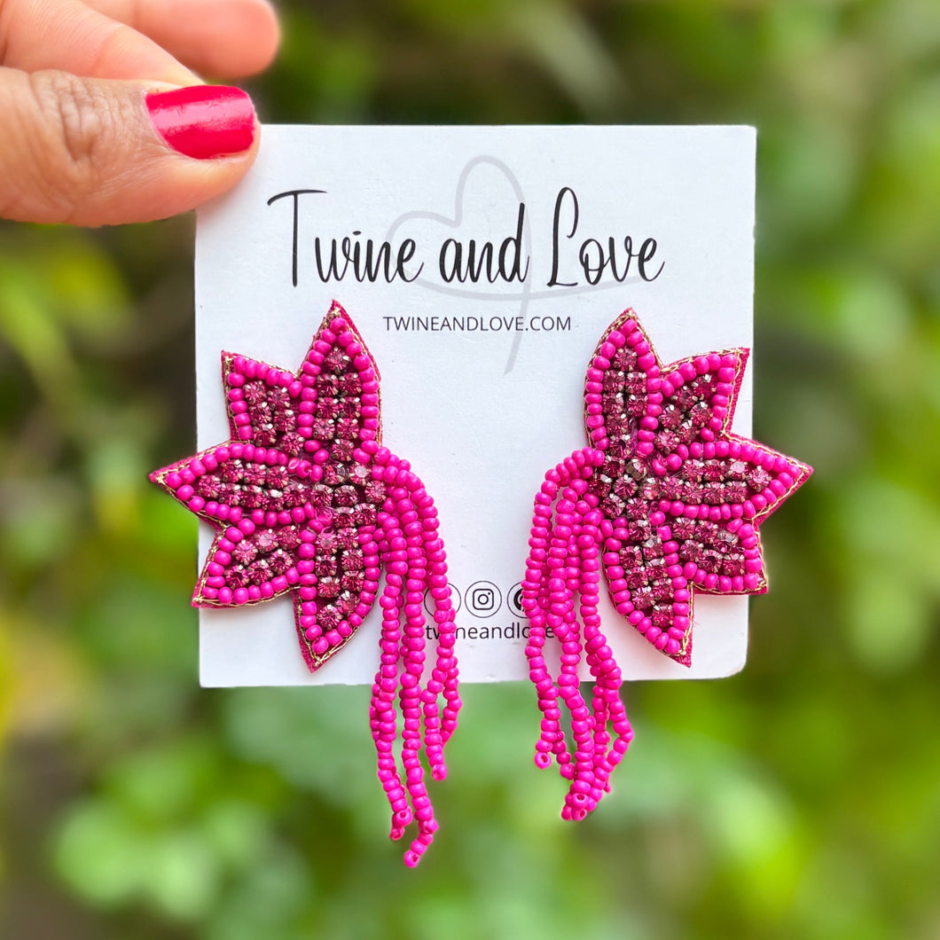custom beaded Earrings, fuchsia floral jeweled Earrings, fuchsia Beaded Earrings, boho earrings, fuchsia jeweled earrings, handmade earrings, custom earrings, party accessories, fancy accessories, fuchsia floral embellished earrings, custom earrings, best friend gifts, birthday gifts, bohemian earrings, luxurious handmade accessories, night jewelry, Fancy earrings, boho earrings, beaded earrings, Fancy jeweled earrings, statement earrings, best selling items, statement earrings, handmade gifts, custom gifts