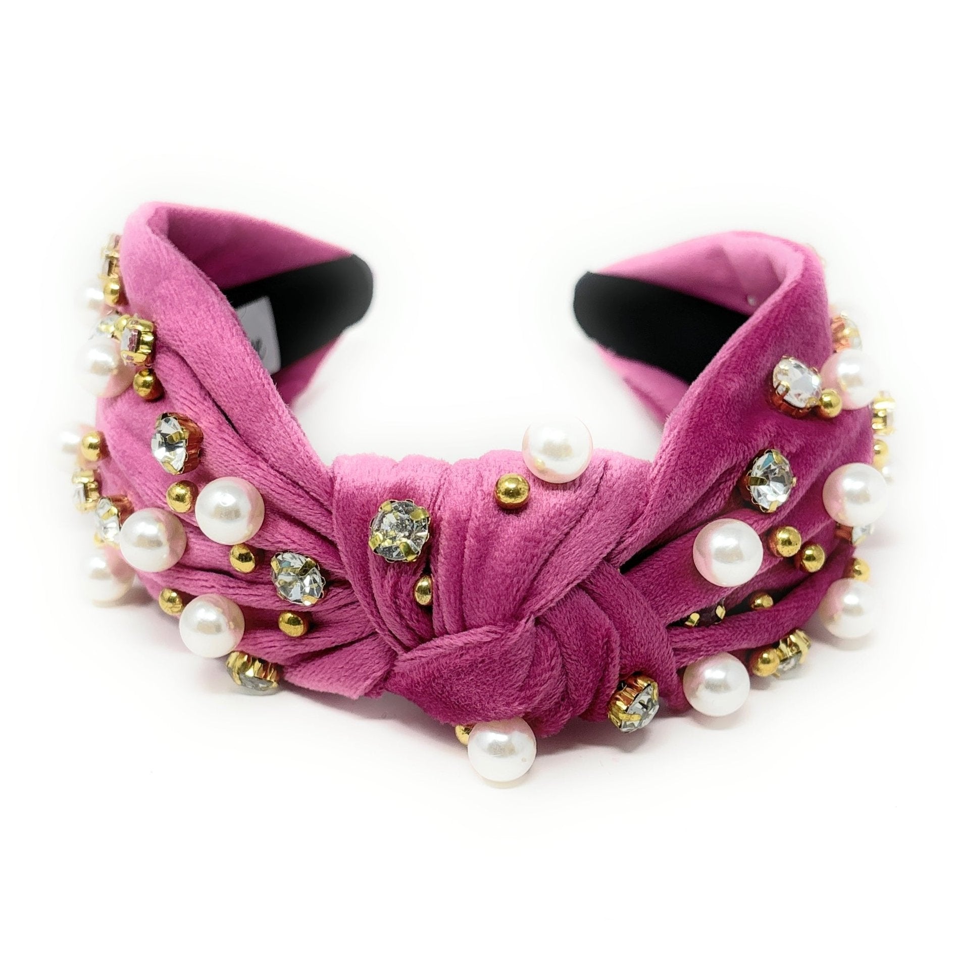 New handmade boutique rhinestone pearl top knot flexible wide headband pink Beautiful_pink_sequin_top_knot  main image 4