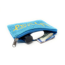 Load image into Gallery viewer, Travel-themed beaded coin purse with “Vacay Fund” wording on a light blue beaded surface.