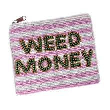 Load image into Gallery viewer, Handmade pink and white beaded zip pouch with green lettering