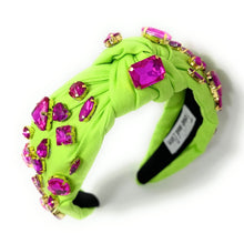 Load image into Gallery viewer, Electric Diva neon green headband adorned with oversized pink jewel embellishments and a chic knot design.