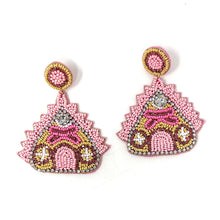 Load image into Gallery viewer, Pair of pink and gold beaded earrings on a white background