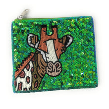 Load image into Gallery viewer, Green sequin beaded pouch featuring a giraffe design with detailed hand-beaded accents and zip closure.