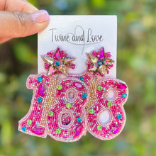 Load image into Gallery viewer, Glam birthday earrings featuring pink beaded number 18 design and multicolor crystal details.