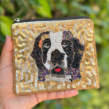 Load image into Gallery viewer, Gold sequin coin pouch featuring a hand beaded dog portrait with black, white, and colorful embroidered details.