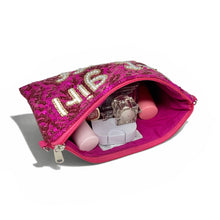Load image into Gallery viewer, Hot pink sequin pouch with pearl-beaded “hot girl stuff” lettering, perfect for makeup, travel essentials, and everyday organization.