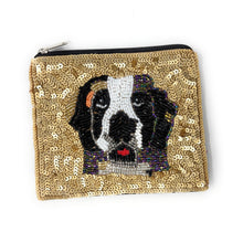 Load image into Gallery viewer, Small sequined pouch showcasing an artistic black and white dog illustration with intricate beadwork accents.