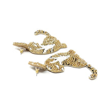 Load image into Gallery viewer, Beaded tiger earrings in gold tones with playful striped tails and glittering heart accents.