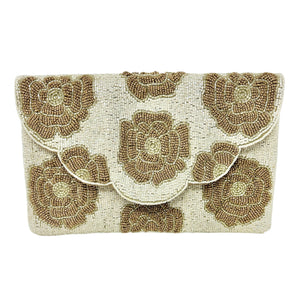 Elegant beige clutch adorned with intricate gold beaded floral patterns. The symmetrical design exudes a vintage, sophisticated charm.