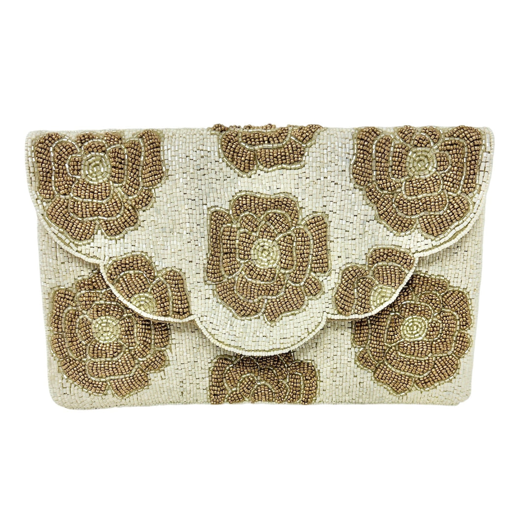 Elegant beige clutch adorned with intricate gold beaded floral patterns. The symmetrical design exudes a vintage, sophisticated charm.