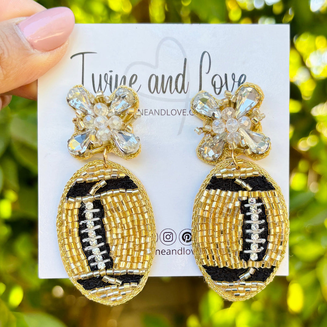 football Beaded Earrings, gold black football Earrings, football Earrings, saints football earrings, football earrings, New Orleans Saints football earrings, gold black football accessories, football earrings, New Orleans Saints earrings, New Orleans football earrings, football seed bead earrings, football accessories, Football women accessories, Game day earrings, Best selling items, birthday gifts, sport jewelry, sport bead earrings, football accessory, College gifts, Football gifts for her
